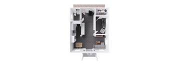 A top-down view of a small apartment with a kitchen, living room, and bathroom.