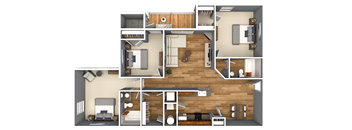 A 3D floor plan of a house showing a kitchen, living room, and bedrooms.