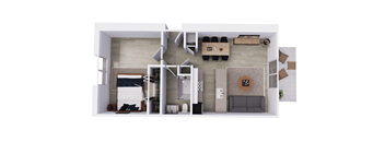 a bedroom with a bathroom and a living room