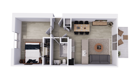 a bedroom with a bathroom and a living room