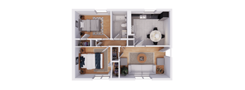 a 3d drawing of the 1 bedroom floor plan of a 2100 sq ft house