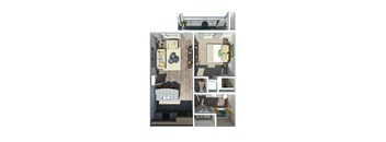 a stylized floor plan with a bedroom and a living room