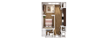 A modern bedroom with a bed, nightstand, and a wall-mounted shelf.