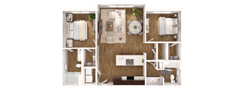 A top-down view of a modern apartment layout.