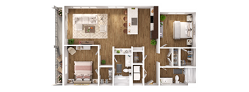A detailed 3D floor plan of a modern apartment layout.