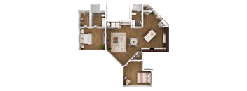 A top-down view of a house layout with a kitchen, living room, and bedrooms.