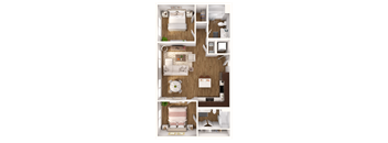 A top-down view of a small apartment with a kitchen, living room, and bedroom.