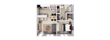 a 1BR floor plan of a house with a bedroom and a living room