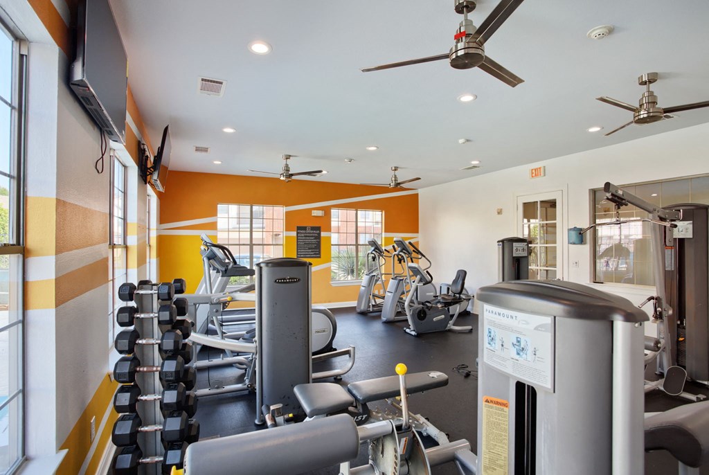 a gym with cardio equipment and weights