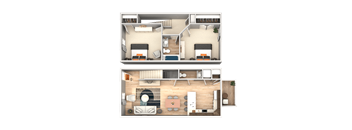 A top-down view of a two-story apartment with a living room, kitchen, and bedrooms.