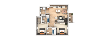 A top-down view of a house layout with two bedrooms, a living room, a kitchen, and a bathroom.