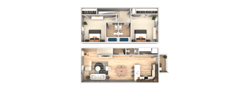A top-down view of a two-bedroom apartment with a living room, kitchen, and bathroom.