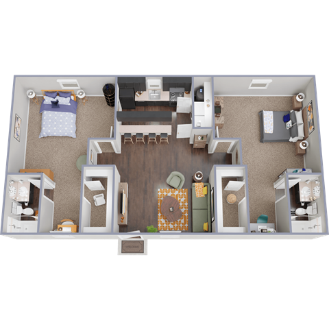 A top-down view of a small apartment with a kitchen, living room, and bedroom.