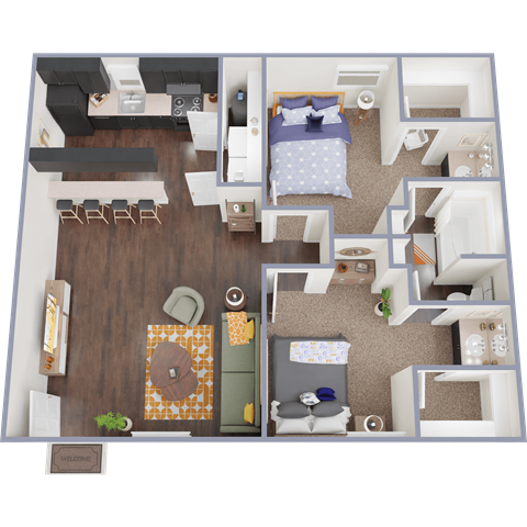 A top-down view of a small apartment with a living room, kitchen, and bedroom.