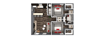 A 3D floor plan of a small apartment with a kitchen, living room, and bathroom.