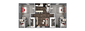 A 3D floor plan of a small apartment with a kitchen, living room, and bedrooms.