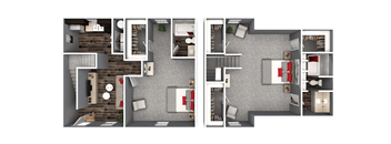 A floor plan of a two-story residential building with a living room, kitchen, bedrooms, and bathrooms.