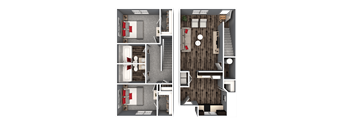 A set of four images showing different views of a small apartment layout.