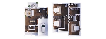 two floor plans of a house with a garage and a car