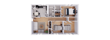 a 3d rendering of an open floor plan with a kitchen and living room