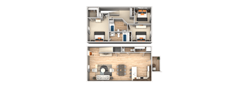 A top and bottom floor plan of a house with a living room, kitchen, and bedrooms.