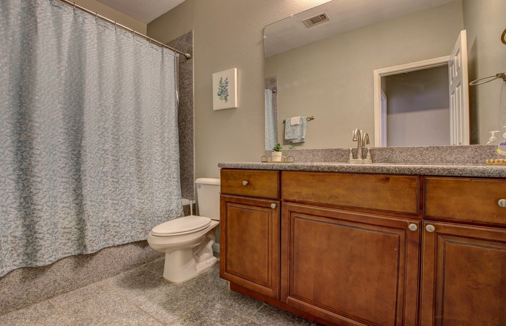 A bathroom with a toilet, sink, and shower curtain.