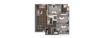 A 3D floor plan of a house with multiple rooms and furniture.