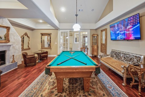 a game room with a pool table and a tv