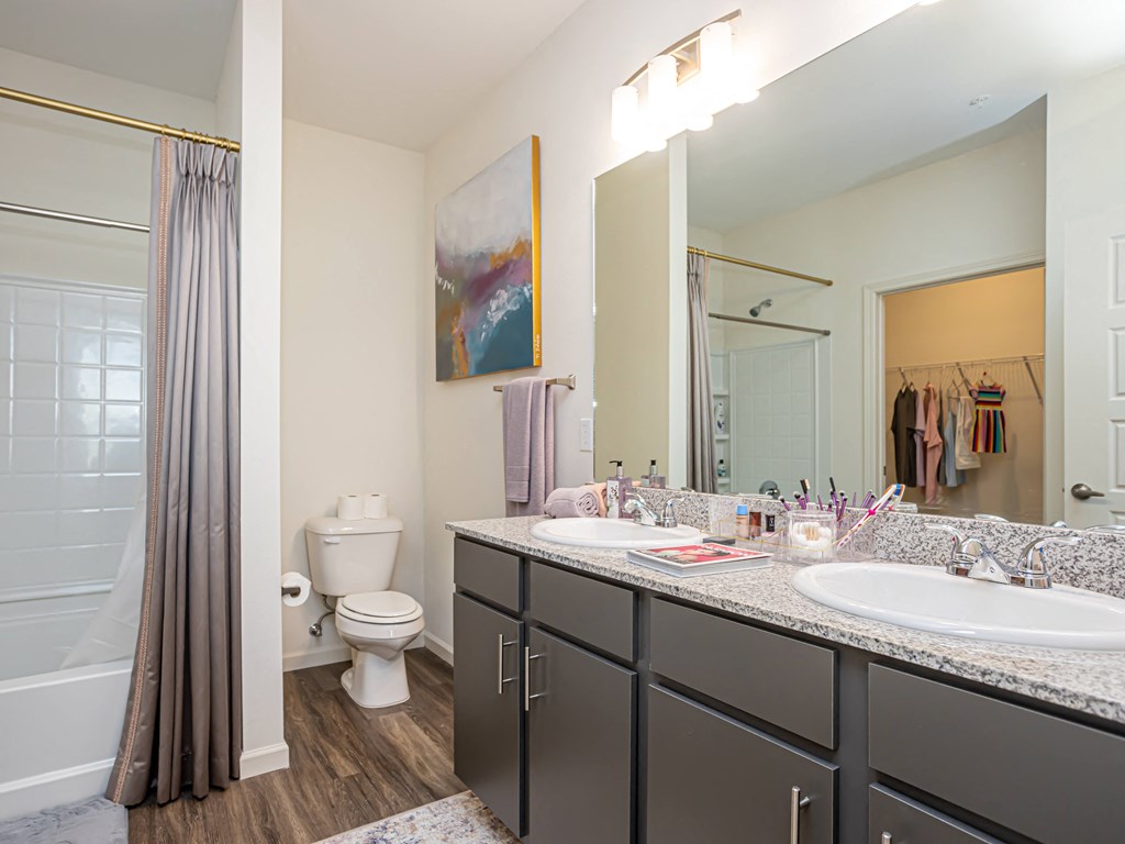 a bathroom with two sinks and a shower and a toilet