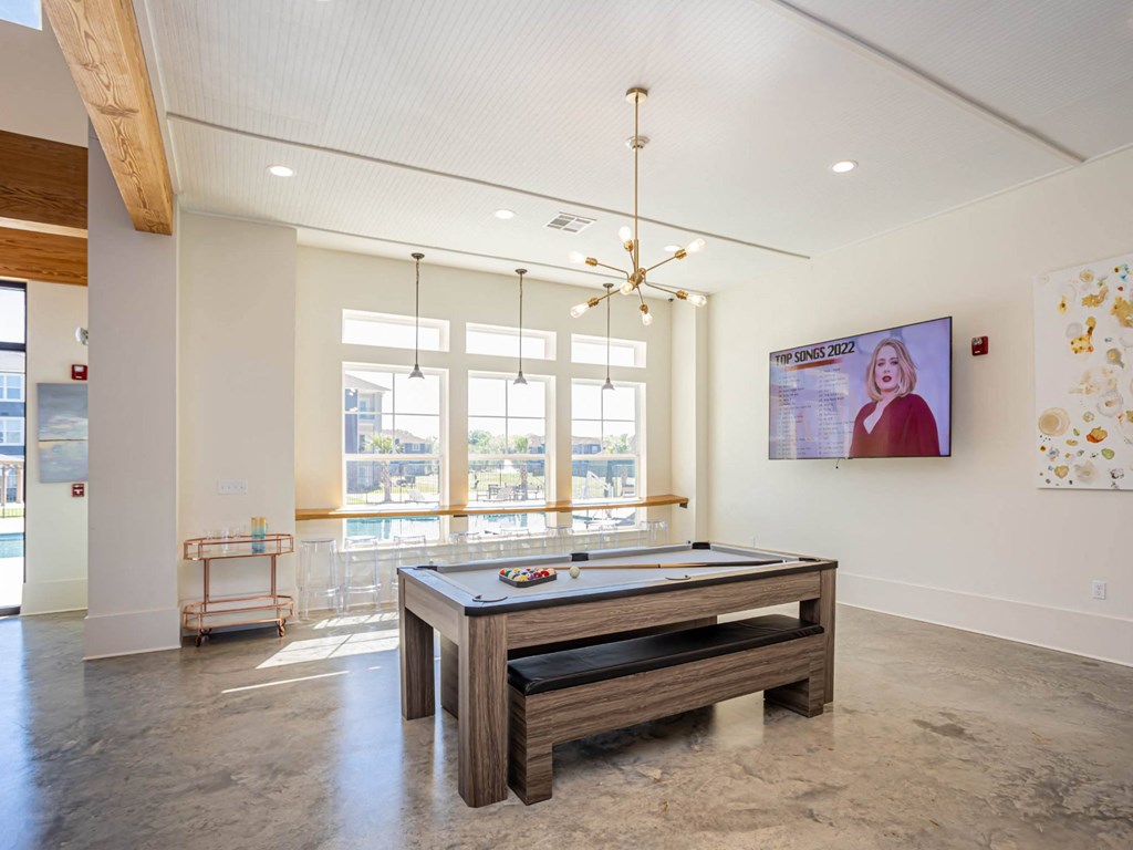 a game room with a pool table and a tv