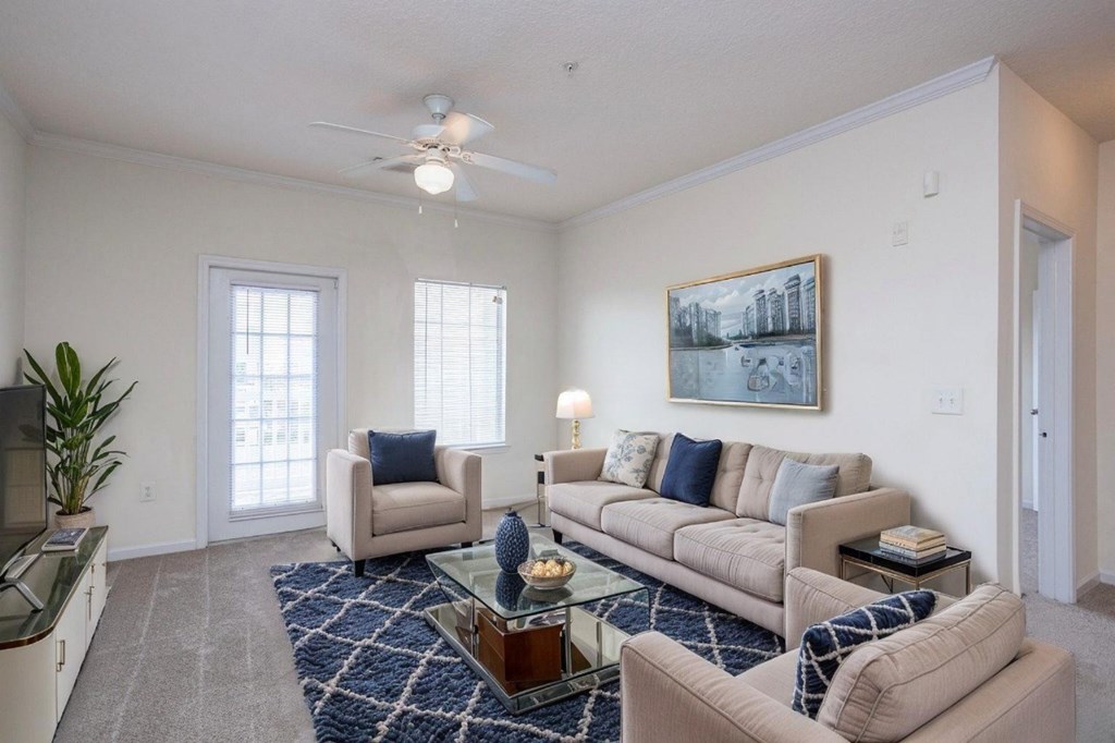 A living room with a couch, chair, and a rug.