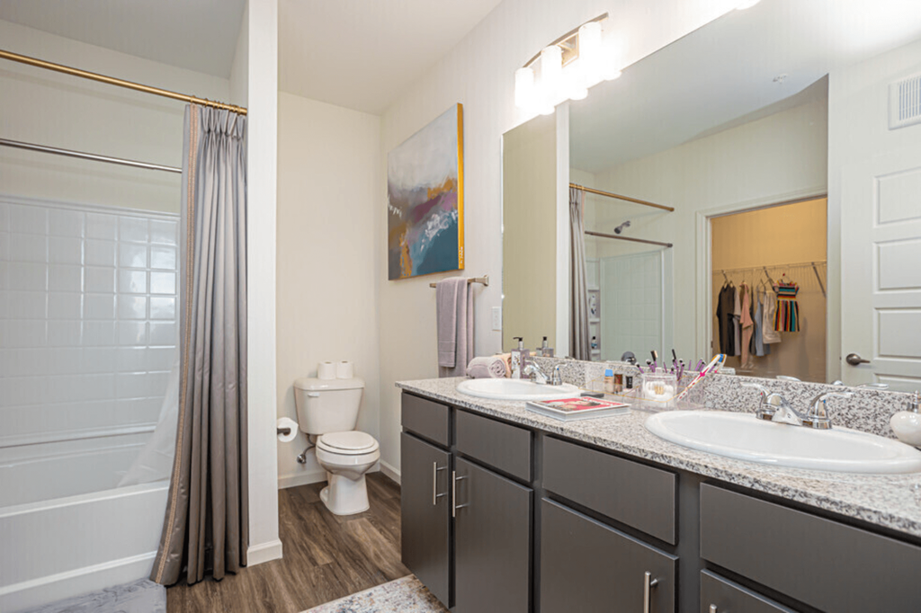 a bathroom with two sinks and a shower and a toilet