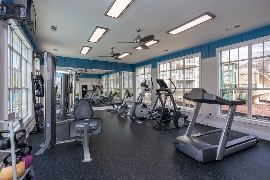 a gym with cardio machines and other exercise equipment and windows