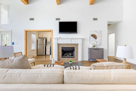 A living room with a fireplace and a television on the wall.