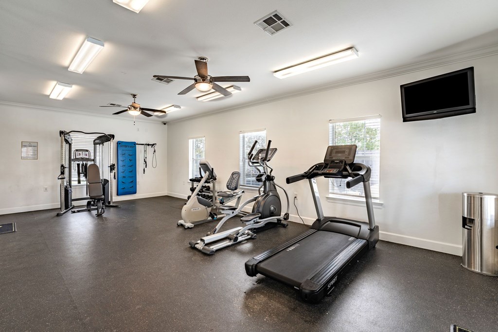 A spacious home gym with a treadmill, elliptical machines, and a fan.