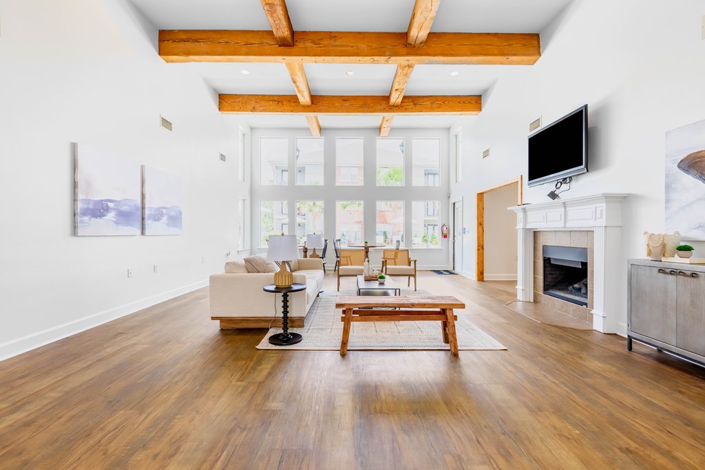 A living room with a fireplace and a television.