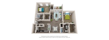 A 3D floor plan of a house with a kitchen, living room, and bedrooms.