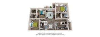 A 3D floor plan of a house with a kitchen, living room, and bedrooms.