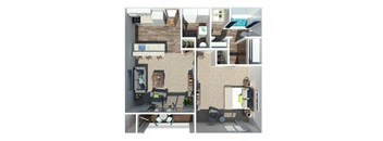 A 3D floor plan of a house with a living room, kitchen, dining room, and bedrooms.