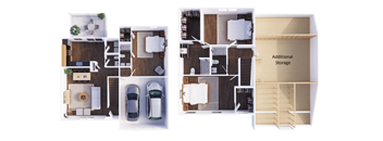 3x2 floor plan with a two car garage and additional storage.