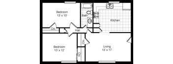 A floor plan of a small apartment with a living room, kitchen, and two bedrooms.