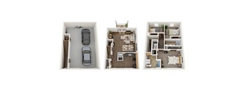 a stylized floor plan with a bedroom and a car