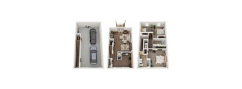 a stylized floor plan with a bedroom and a car