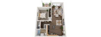 a rendering of the 1 bedroom floor plan with a bathroom and a living room