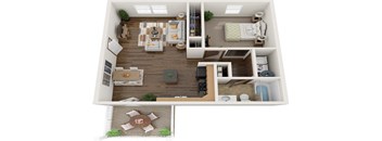 a 3d rendering of a floor plan with a bedroom and a living room