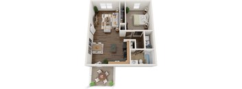 a 3d rendering of a floor plan with a bedroom and living room