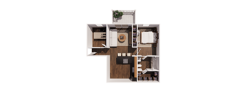 A top-down view of a small apartment with a kitchen, living room, and bedroom.