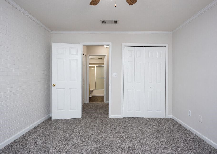 a bedroom with two closets and a carpeted floor