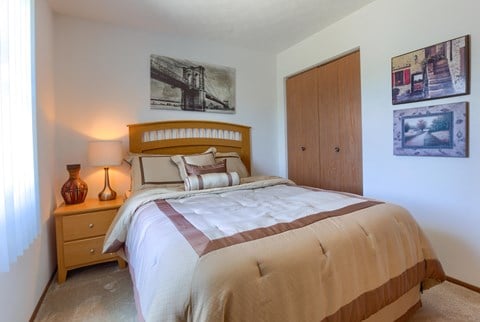 a bedroom with a bed and a closet