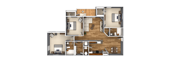 A detailed 3D floor plan of a house layout.
